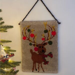Vintage Reindeer Latch Hook Wall Hanging with Macrame Cord